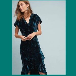 Rare HTF Anthropologie Shoshanna Barnet Teal Blue Crushed Velvet Dress Size 2